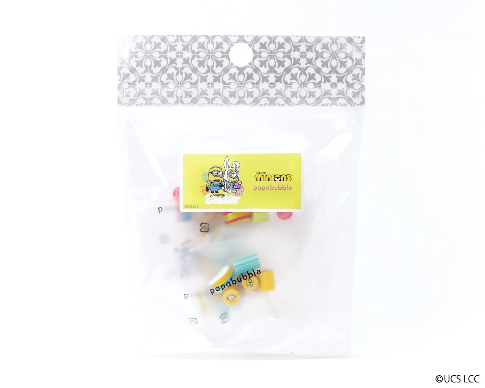 ピンクとブルーのミニオンキャンディが5袋ずつ入った小さなパッケージ。