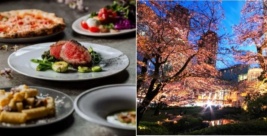 毛利 Salvatore CuomoのSAKURAプラン料理と桜が見えるテラス席