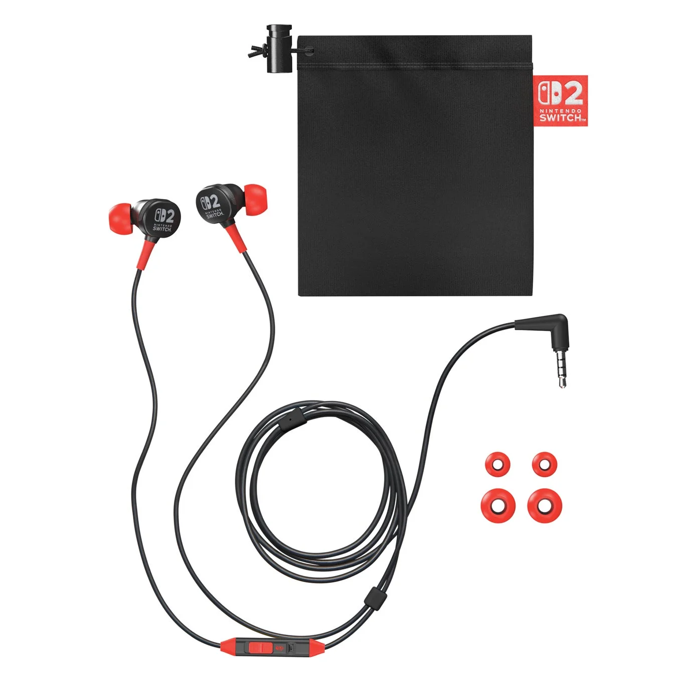 PowerA Nintendo Switch 2対応有線イヤホンと付属品(イヤーピース、ポーチ)