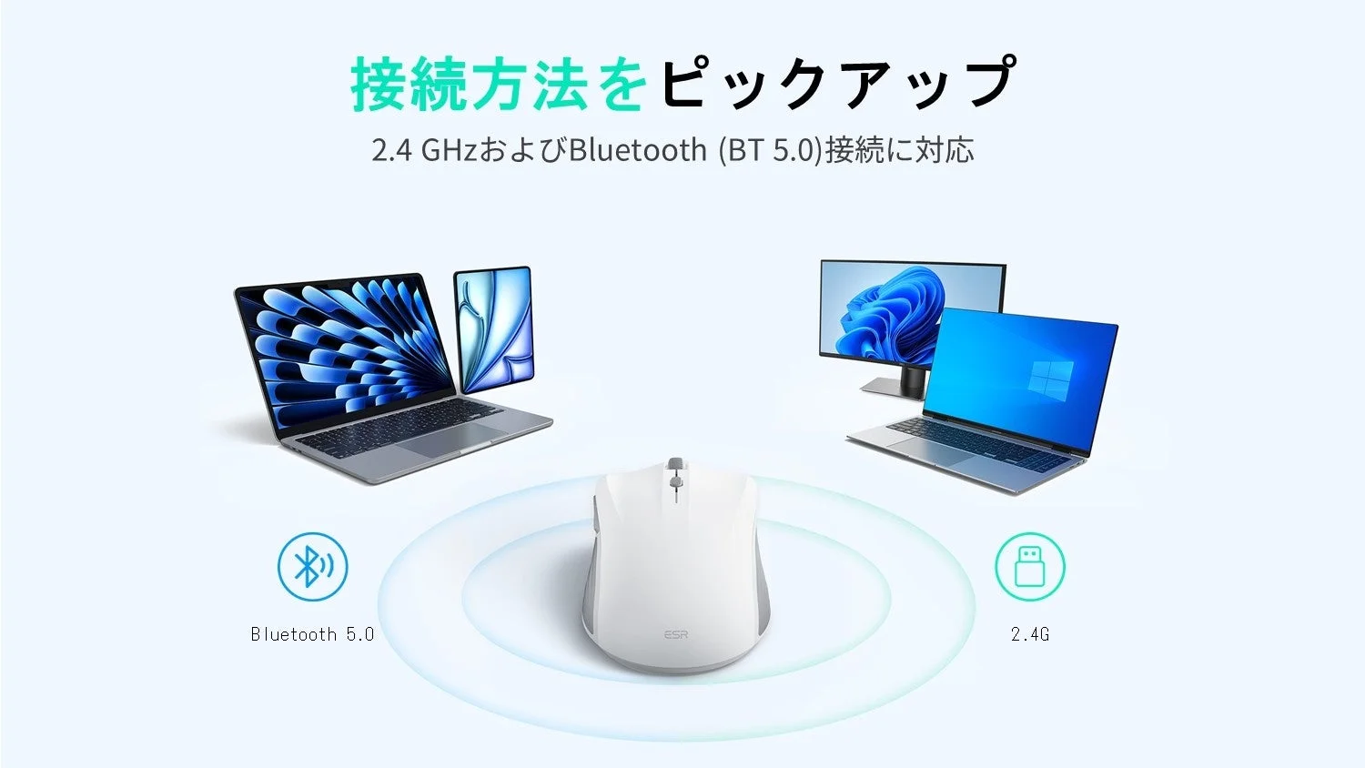 ESR MagMouse™ Bluetooth 5.0 および 2.4GHz USB 接続によるマルチデバイスのサポート