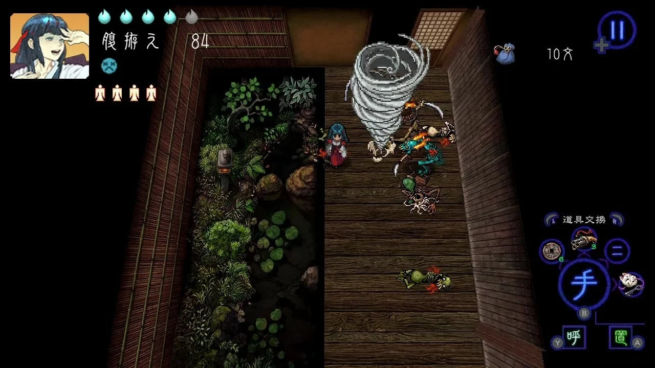 ゲームプレイ: 巫女ともののけの戦いと UI