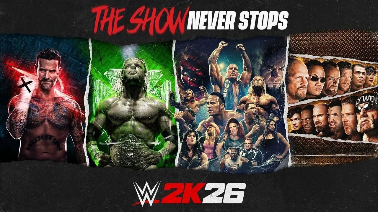 『WWE 2K26』キービジュアル。CMパンク、トリプルH、ザ・ロックなど人気スーパースターが集結。