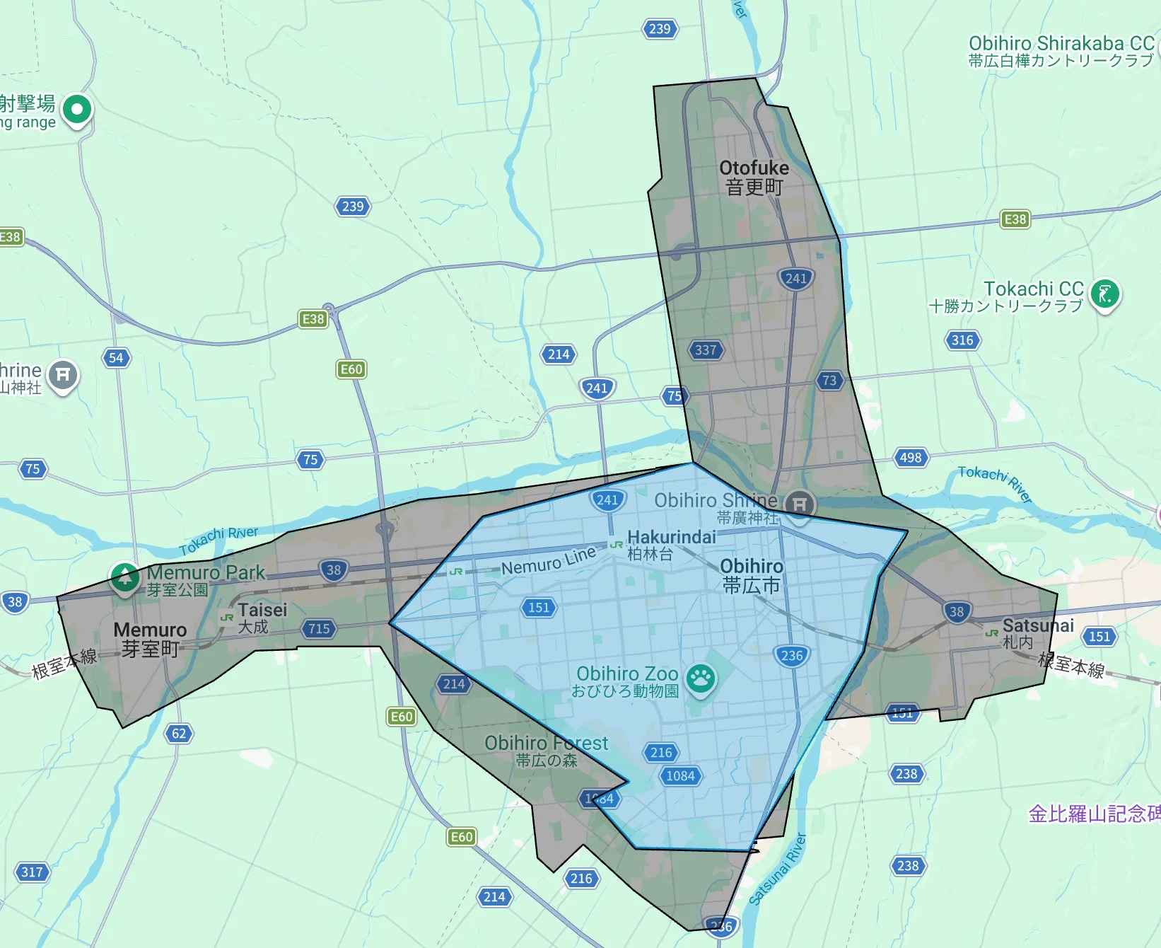 Uber Eats北海道の新規サービス提供エリア（音更町、芽室町、幕別町）を示すマップ