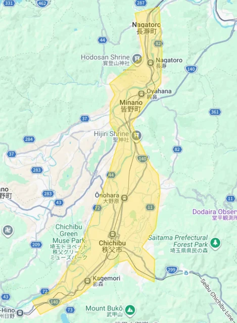 Uber Eats埼玉県の新規サービス提供エリア（秩父市、皆野町、長瀞町、横瀬町）を示すマップ