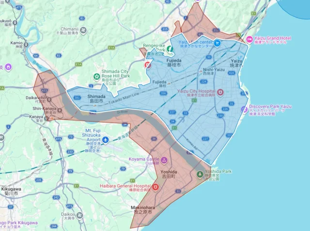 Uber Eats静岡県の新規サービス提供エリア（牧之原市、吉田町）を示すマップ