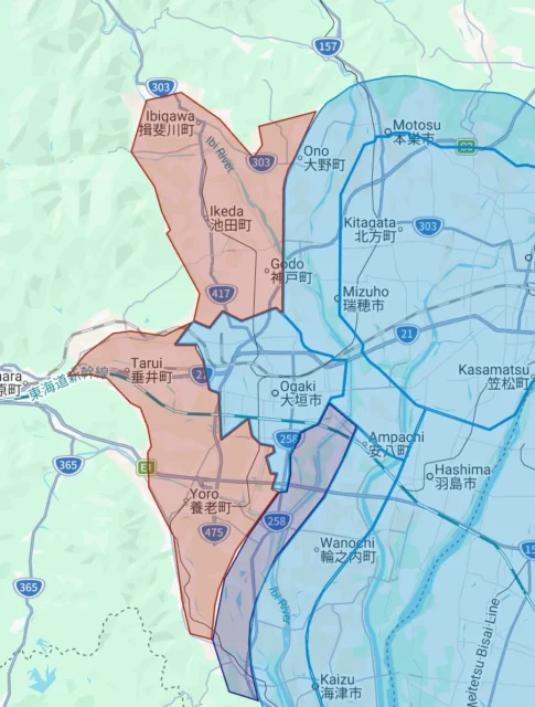 Uber Eats岐阜県の新規サービス提供エリア（揖斐川町、垂井町、池田町）を示すマップ