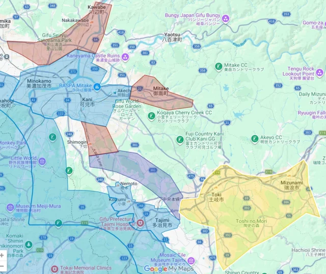 Uber Eats岐阜県の新規サービス提供エリア（川辺町、瑞浪市、土岐市、恵那市）を示すマップ