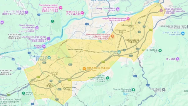 Uber Eats岐阜県の新規サービス提供エリア（中津川市、恵那市）を示すマップ