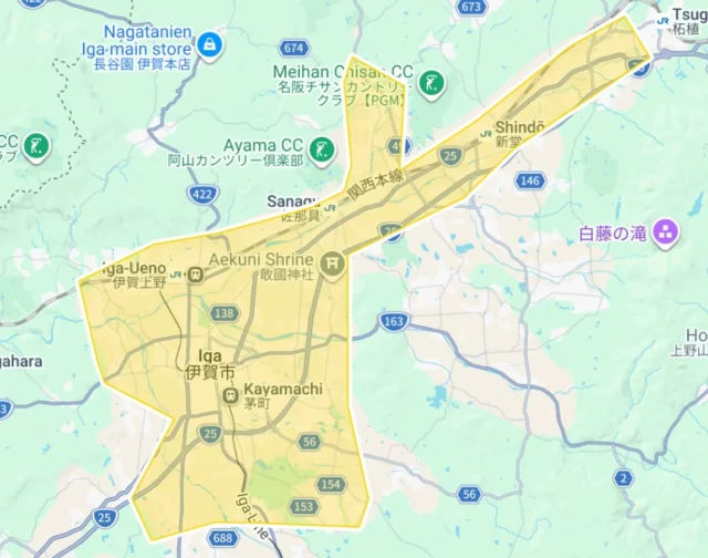 Uber Eats三重県の新規サービス提供エリア（伊賀市）を示すマップ