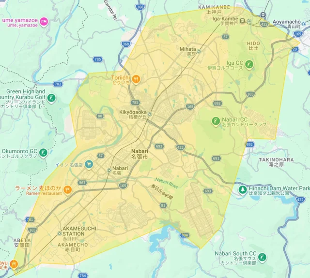 Uber Eats三重県の新規サービス提供エリア（名張市）を示すマップ