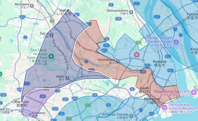 Uber Eats三重県の新規サービス提供エリア（朝日町）を示すマップ