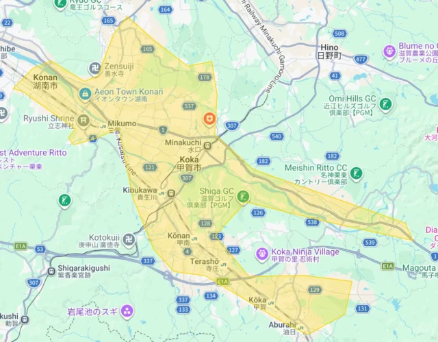 Uber Eats滋賀県の新規サービス提供エリア（甲賀市）を示すマップ