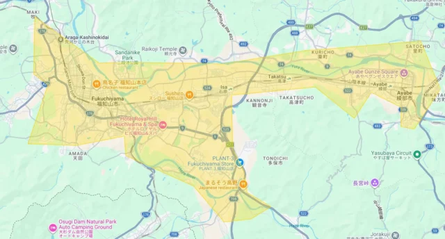 Uber Eats京都府の新規サービス提供エリア（福知山市、綾部市）を示すマップ