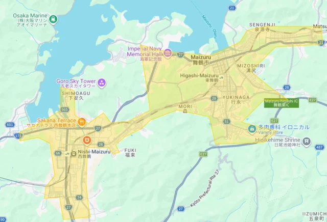 Uber Eats京都府の新規サービス提供エリア（舞鶴市）を示すマップ