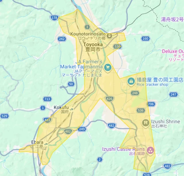 Uber Eats兵庫県の新規サービス提供エリア（豊岡市）を示すマップ