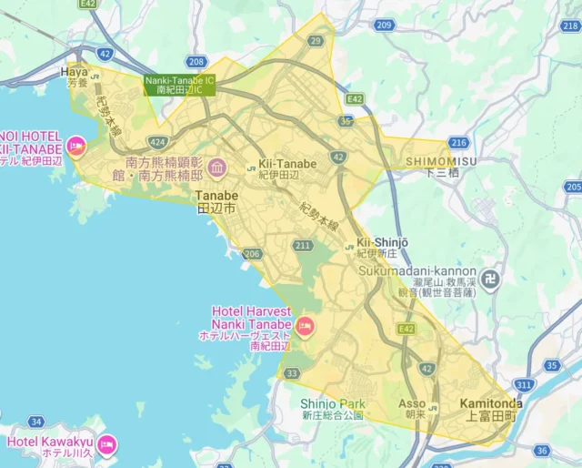 Uber Eats和歌山県の新規サービス提供エリア（田辺市、上富田町）を示すマップ