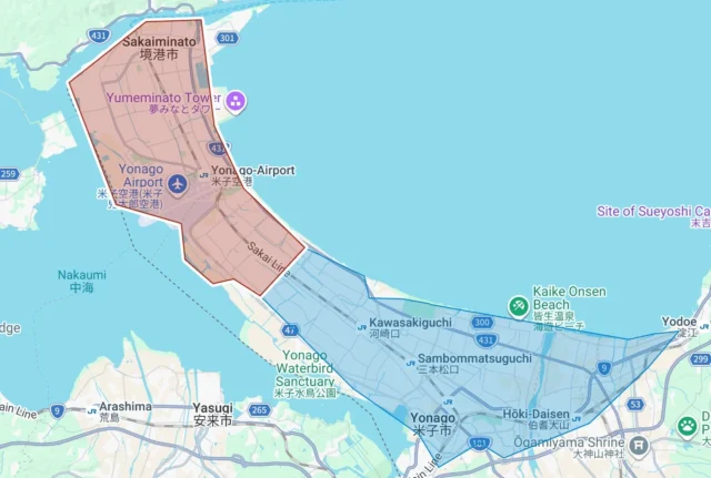 Uber Eats鳥取県の新規サービス提供エリア（境港市）を示すマップ