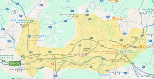 Uber Eats岡山県の新規サービス提供エリア（津山市、鏡野町）を示すマップ