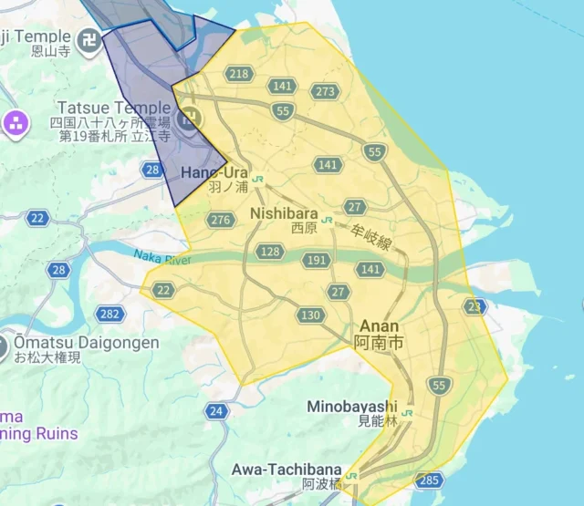 Uber Eats徳島県の新規サービス提供エリア（阿南市）を示すマップ