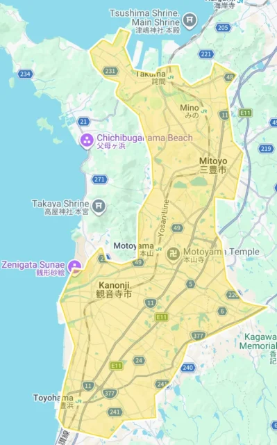 Uber Eats香川県の新規サービス提供エリア（観音寺市、三豊市）を示すマップ