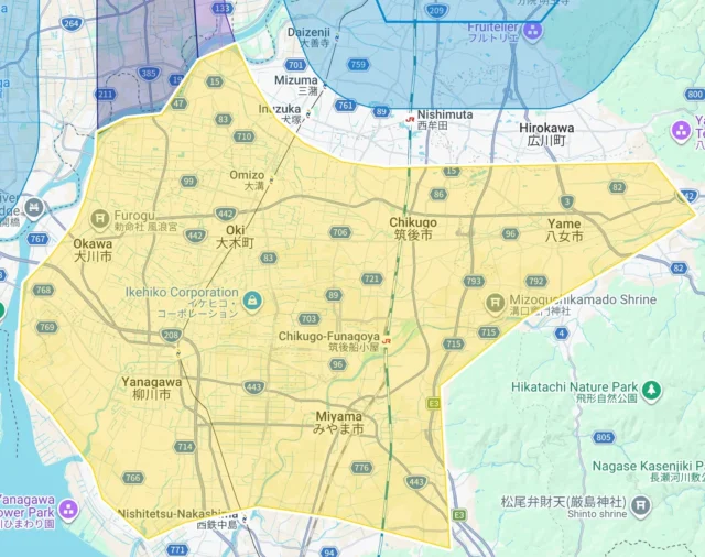 Uber Eats福岡県の新規サービス提供エリア（大川市、柳川市、筑後市、八女市、大木町）を示すマップ