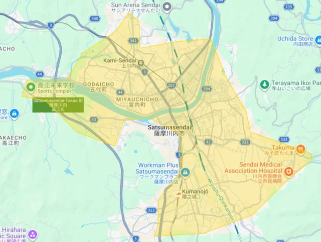 Uber Eats鹿児島県の新規サービス提供エリア（薩摩川内市）を示すマップ