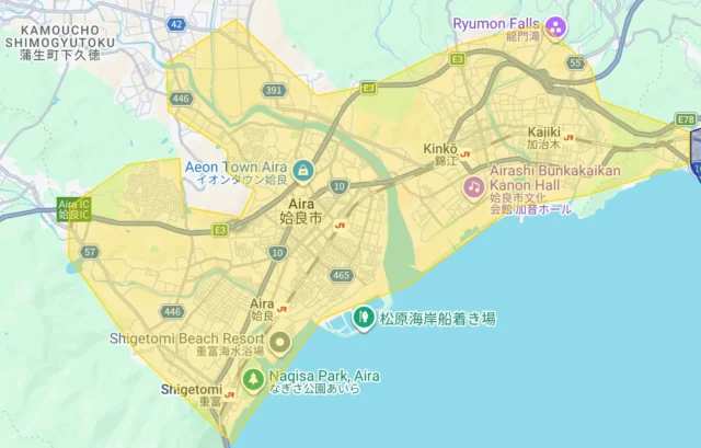 Uber Eats鹿児島県の新規サービス提供エリア（姶良市）を示すマップ