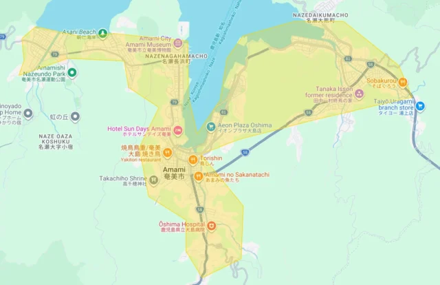 Uber Eats鹿児島県の新規サービス提供エリア（奄美市）を示すマップ