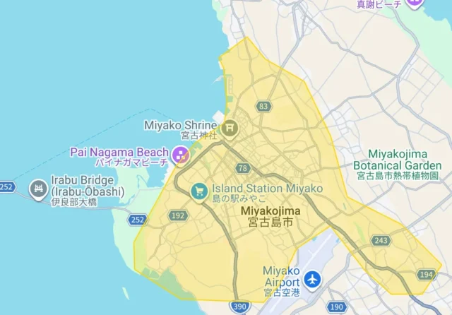 Uber Eats沖縄県の新規サービス提供エリア（宮古島市）を示すマップ