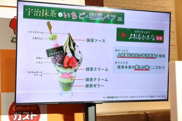 「宇治抹茶といちごの和風パフェ」の構成要素とこだわりを説明するモニター