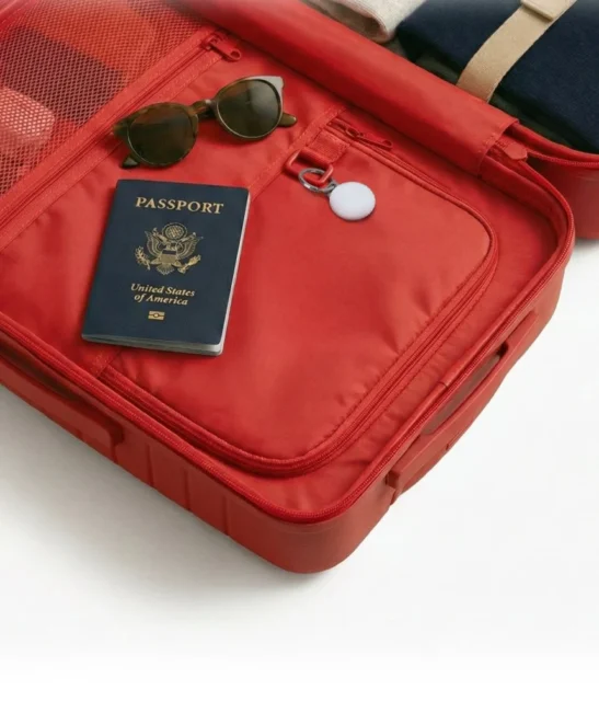 旅行用スーツケースのポケットに取り付けられたTag.Oスマートタグ