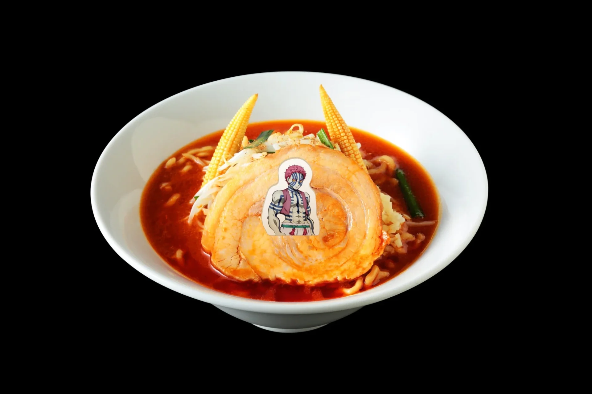 イートインで提供される鬼ラーメン「業火の赤辛味噌」。猗窩座のモナカがトッピングされています。