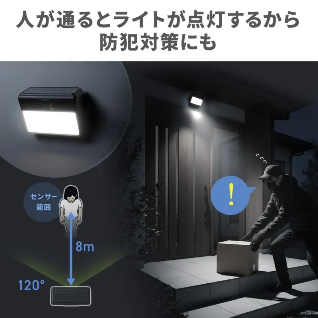 人感センサーが人を検知してライトが点灯し不審者を威嚇する様子