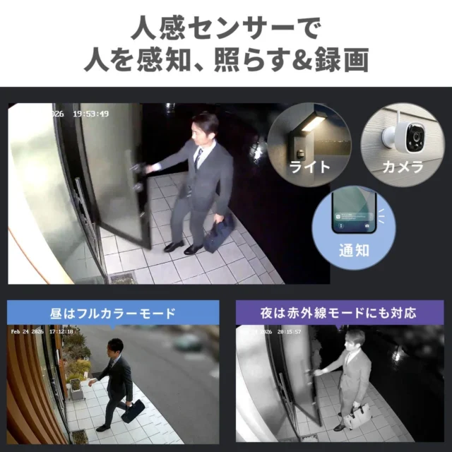 人感センサーで人を感知し、ライト点灯と録画、スマホ通知を行う機能説明