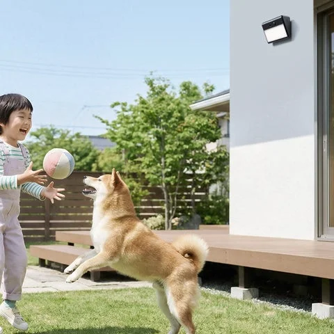 屋外で子供と犬が遊んでいる様子を見守るソーラー屋外カメラ