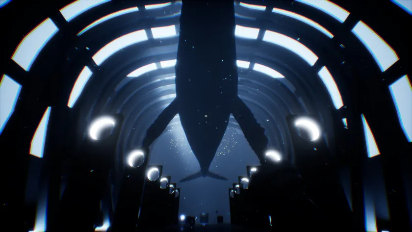 光と影でクジラのような巨大な影が表現された幻想的なゲーム画面