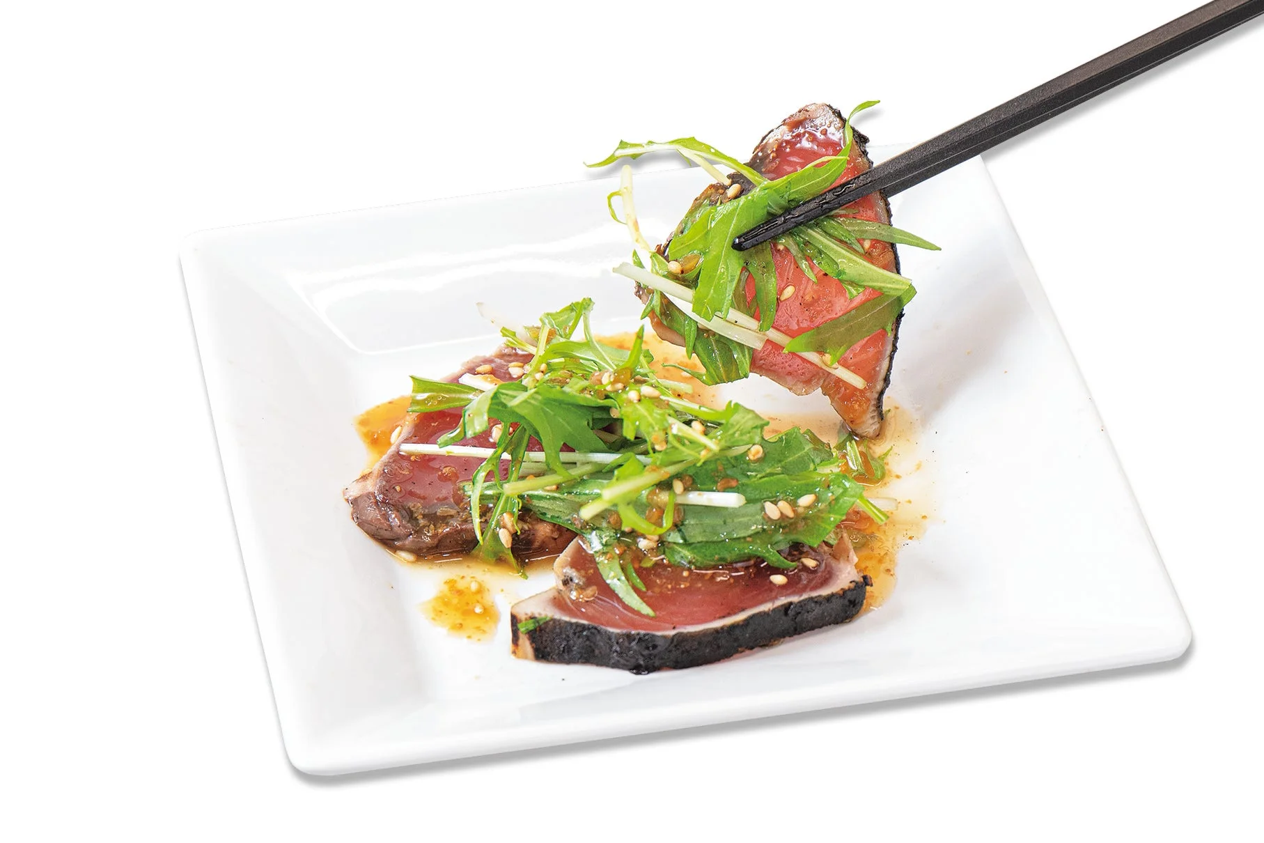 シャキシャキ水菜と和風仕立てのじゅうじゅうカルビの鰹カルパッチョ