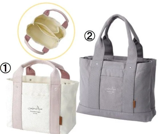 LIZDAYSのキャンバストートバッグ2種と、バッグ内部の仕切りが見える画像。