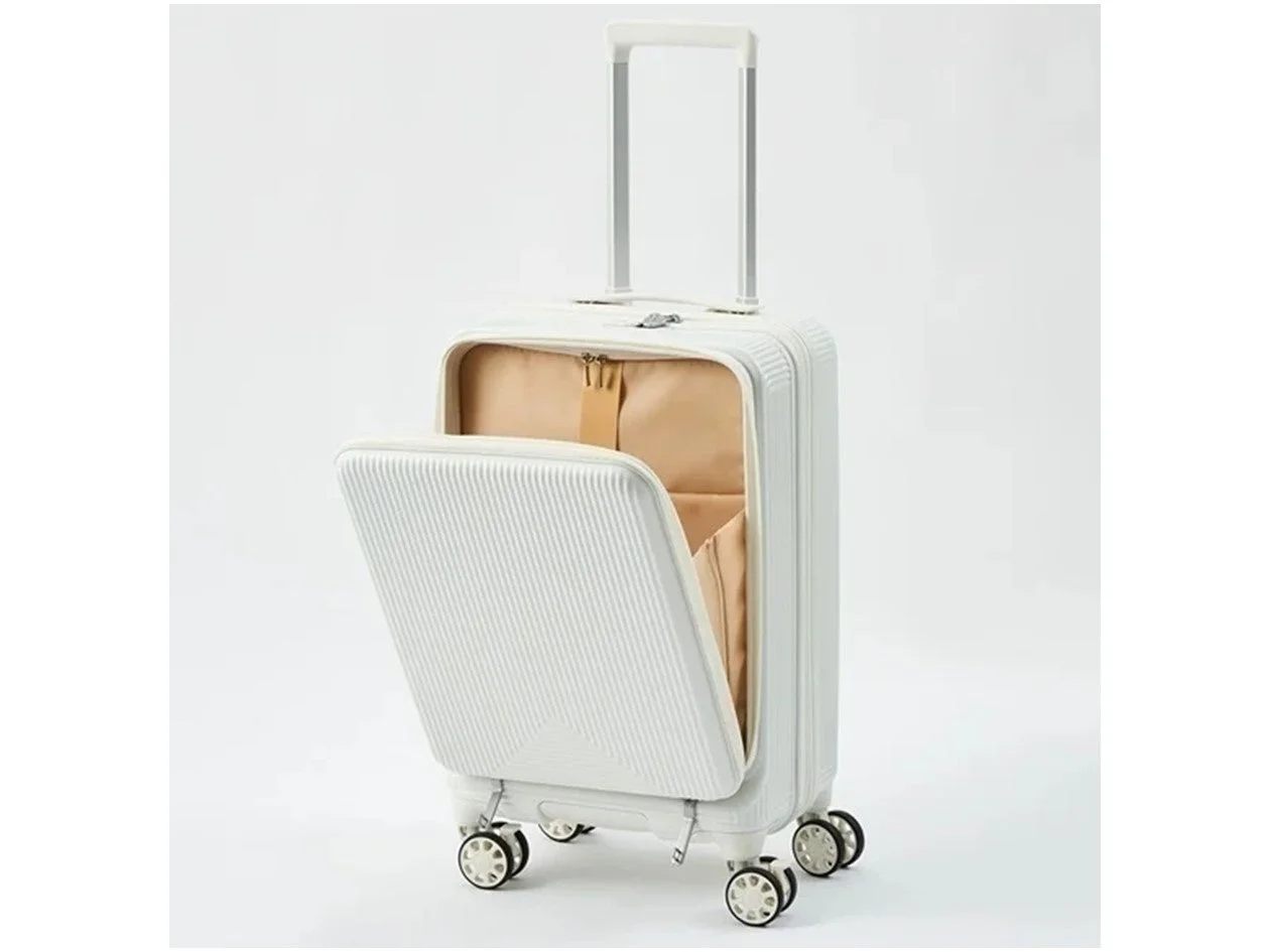 トップバリュの白いフロントオープンジッパーキャリーSサイズ。フロントが開いた状態。