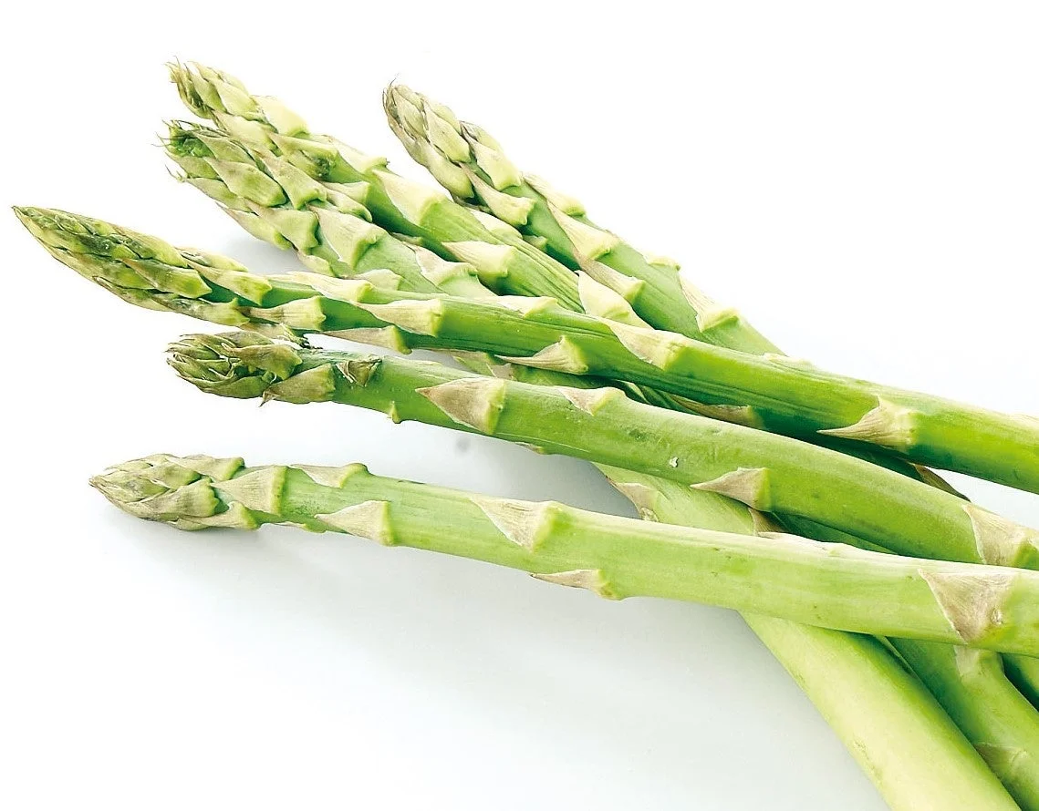 みずみずしい緑色の春芽アスパラガスが束ねて置かれている。
