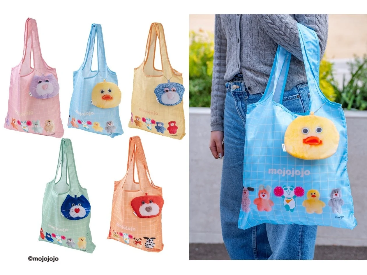 mojojojoコラボのチアパンダBIGエコバッグ。様々なカラーとデザインが並び、使用イメージも。