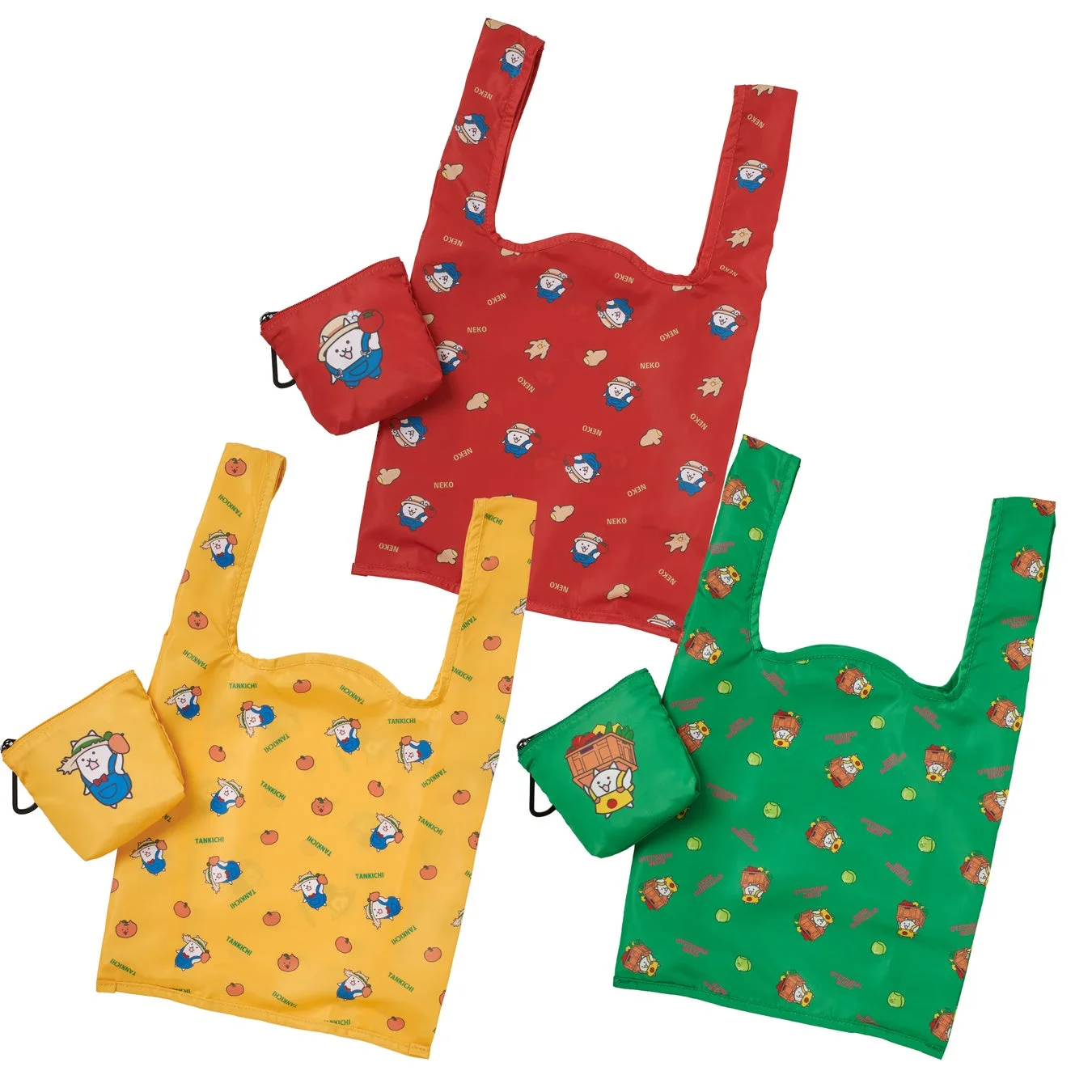 にゃんこ村総柄デザインのポーチ付きショッピングバッグ3色