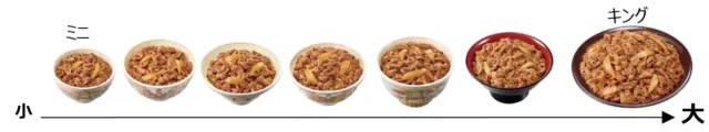 すき家の牛丼サイズ比較。ミニからキングまで7種類の丼が並べられている。