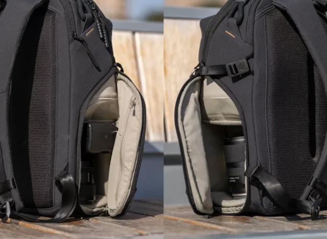 PGYTECH OneGo Lite バックパックのデュアルクイックアクセスで機材を取り出す様子