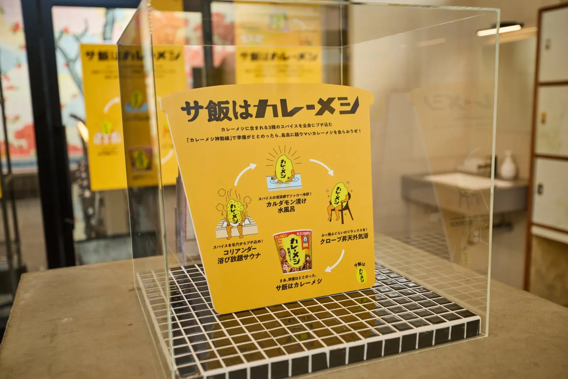 「カレーメシ神動線」のフローを説明するパネル「サウナ→水風呂→休憩→サ飯」