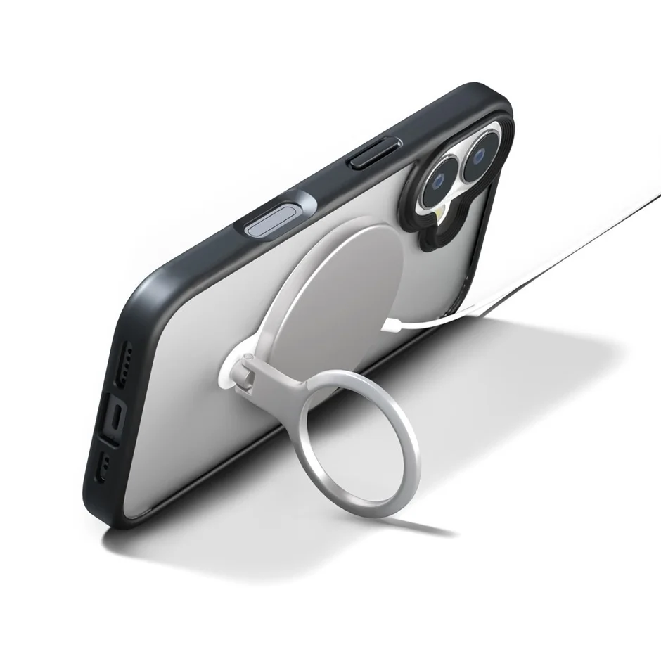 ホワイトのMagSafe対応リングホルダーを横置きスタンドとして使用し充電している様子