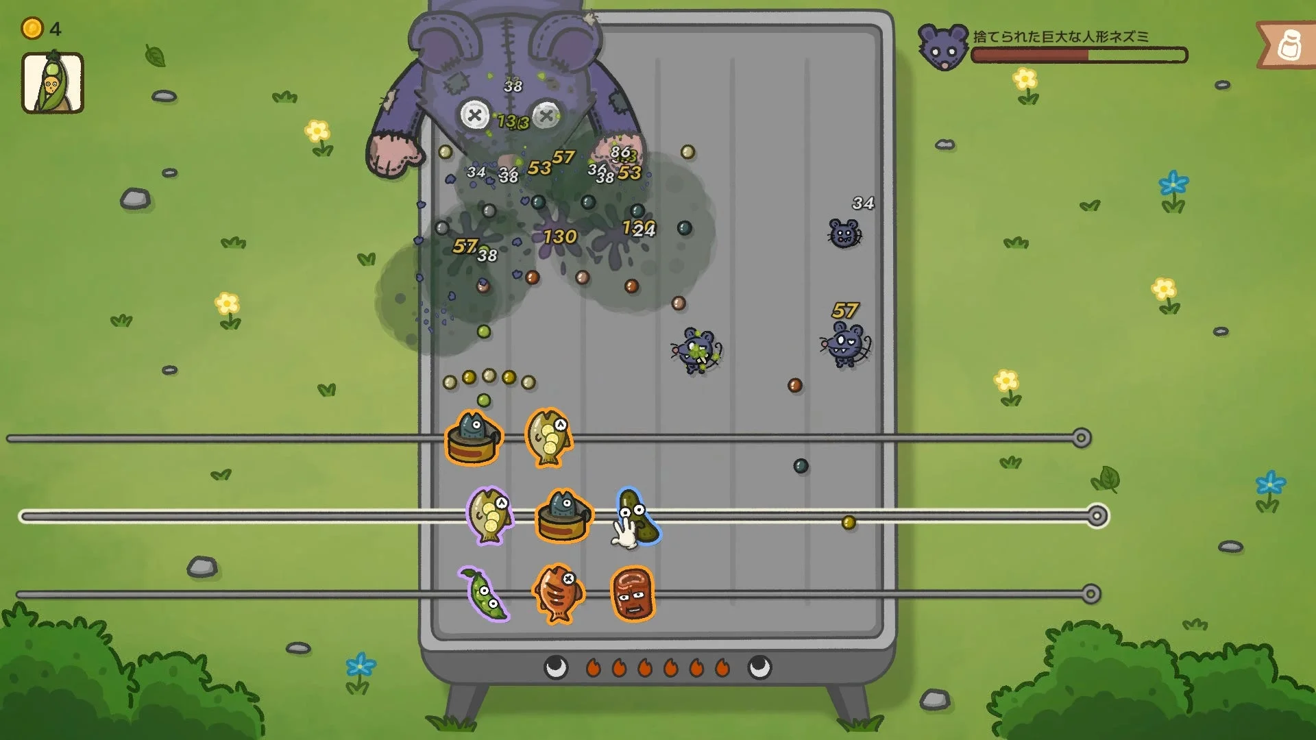 巨大なネズミのボスと戦うゲームプレイ画面