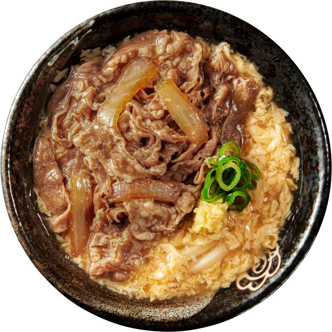 裏市の屋台風牛肉玉子あんかけうどん。甘辛い牛肉と玉子あんかけが特徴。