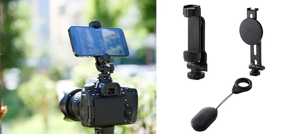 スマホ用カメラアタッチメント3製品の集合写真と使用イメージ