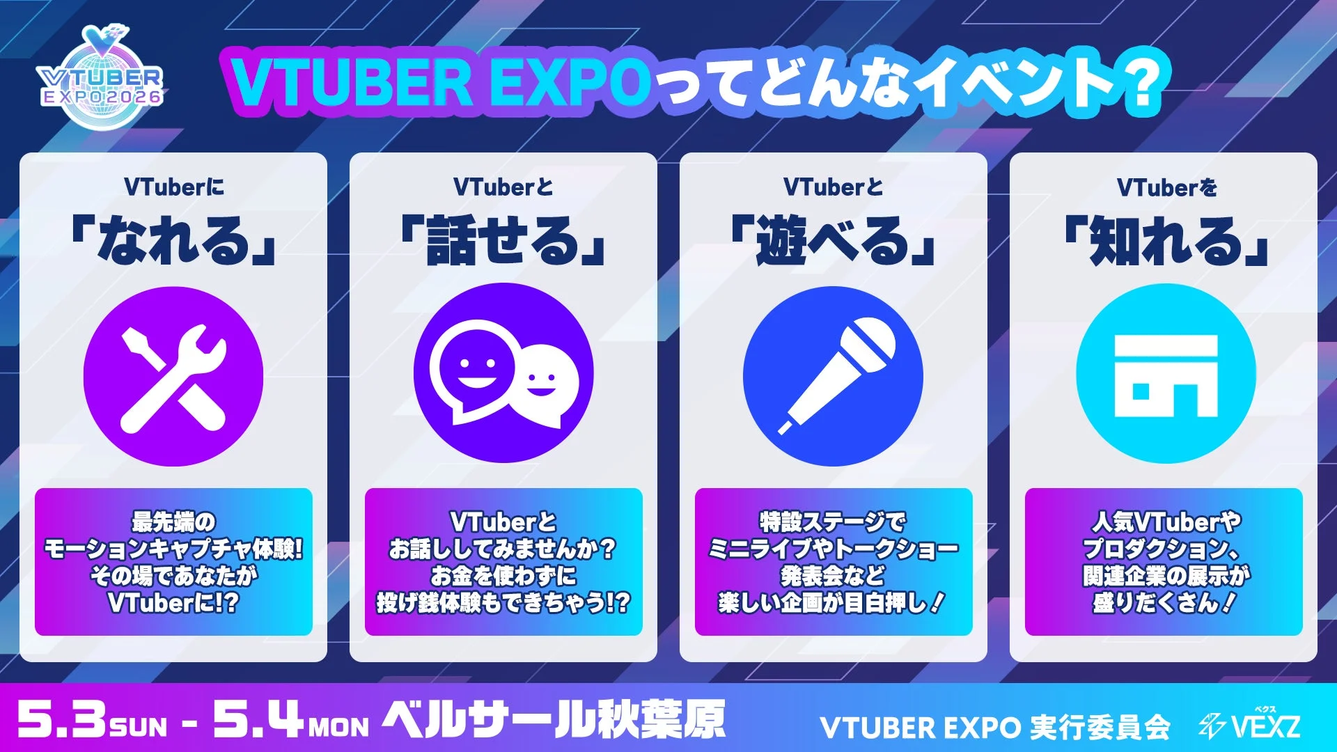 VTUBER EXPO 2026の体験コンテンツ「なれる」「話せる」「遊べる」「知れる」
